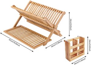 Двухуровневая складная бамбуковая сушилка для посуды с держателем для приборов и складным поддоном для кухни - Product Image 3