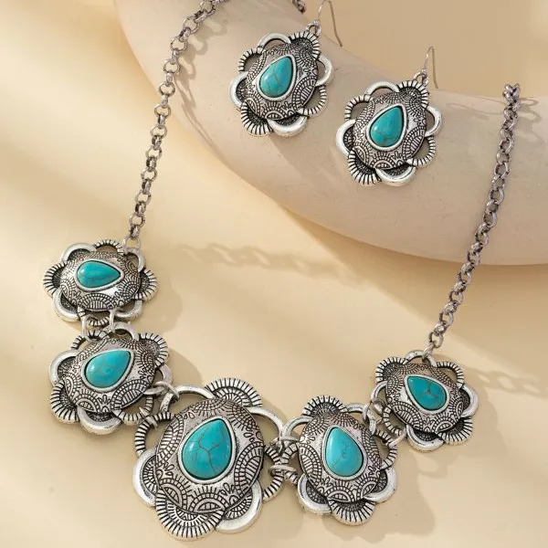 2023 New Bohemia Vintage Necklace Earring Set Water Drop Turquoise Jewelry Set For Woman