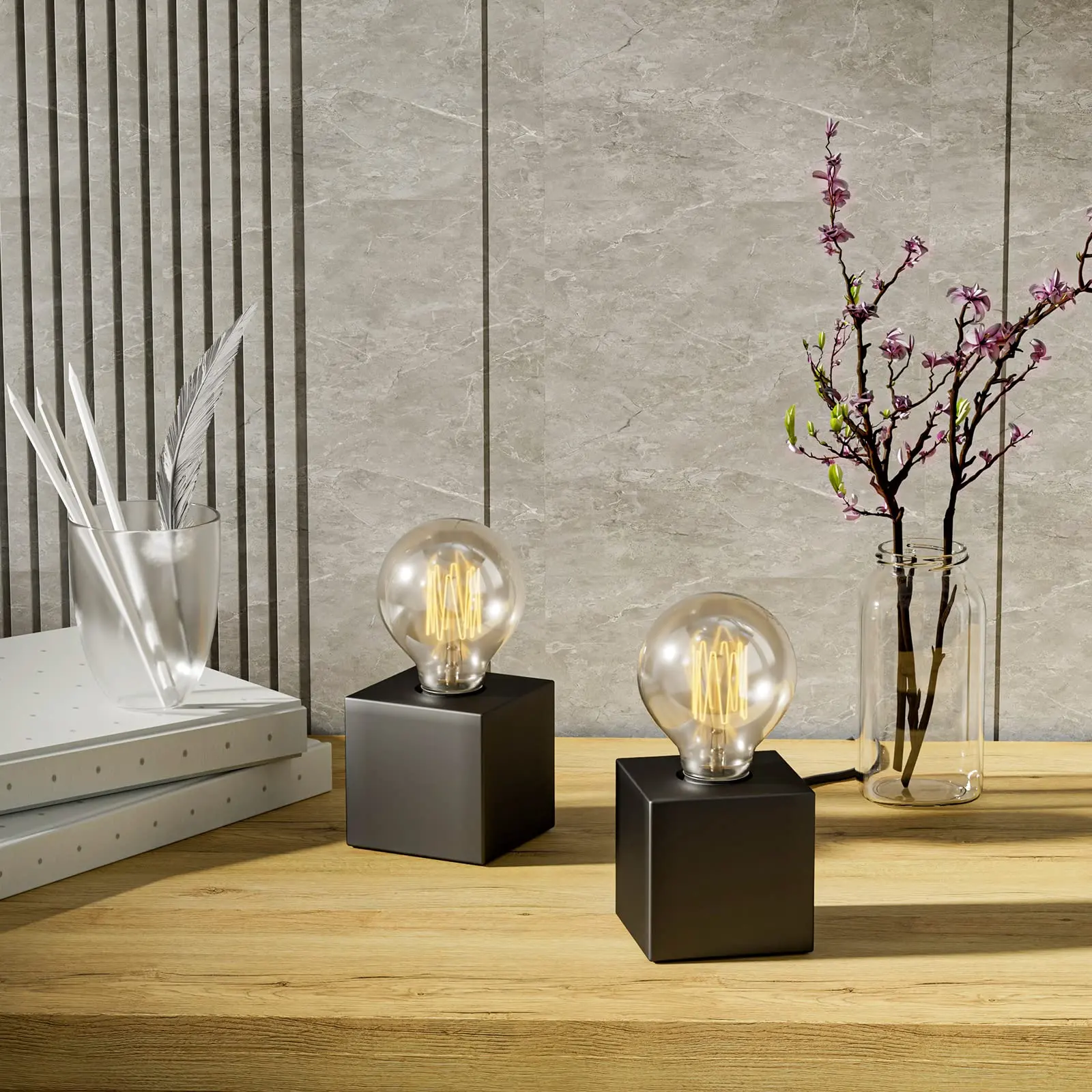 Mini lámpara de mesa Industrial de estilo nórdico, Base de Metal de cubo negro, Juego de 2 sin bombilla E26 para dormitorio