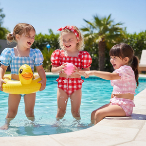 Maillot de bain d'été pour filles, motif quadrillé, manches bouffantes, personnalisable, fourni directement par le fabricant - Product Image 1