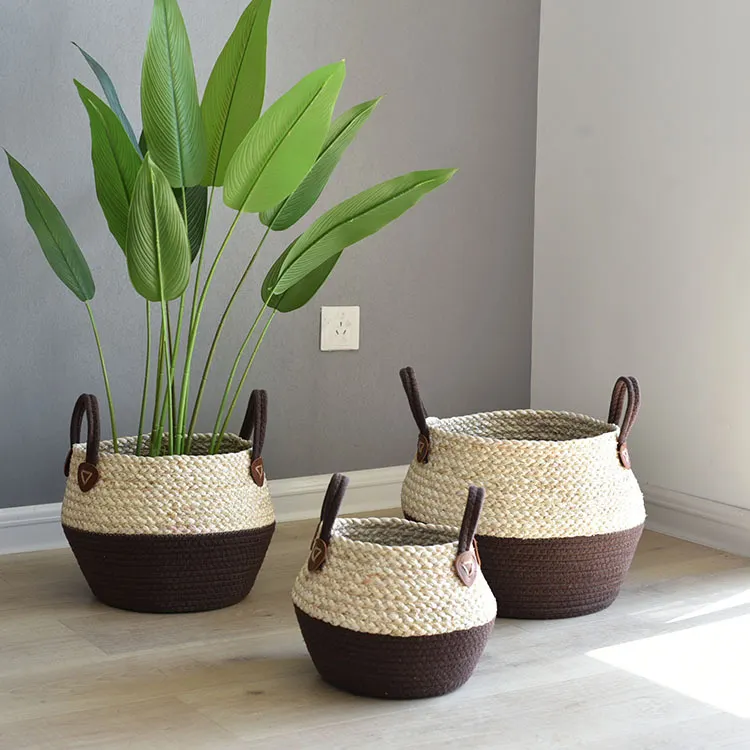 Cesta de bambu ecológica para lavanderia, cesta de bambu durável, tecido ecológico para grama marinha, lavanderia, decoração