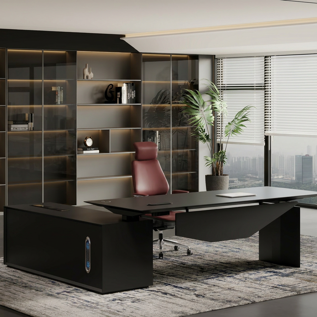 JORI Luxury Smart Adjustable Height Executive Desk Touch Control Lift Wireless Charging Eco-friendly L-Shaped Manager Table for