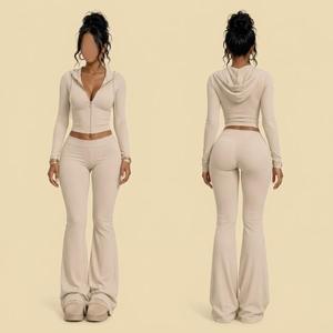 Ensemble de survêtement à capuche 2 pièces pour femme avec logo personnalisé, fermeture éclair intégrale, vêtements de sport décontractés, pantalon évasé bleu imprimé, polyester/coton - Product Image 3