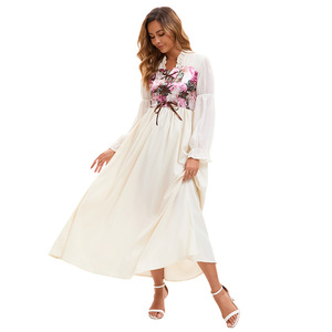 <b>White</b> Apricot Floral Print Chiffon A-Line Empire Waist Evening Dress Scalloped Neckline Long Sleeve <b>Maxi</b> Length - Product Image 1