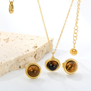 Conjunto de Collar y Pendientes de Piedra Ojo de Tigre, Cadena Trenzada Redonda, Engaste de Aleación de Zinc, Joyería de Moda - Product Image 1