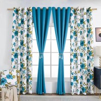 Rideaux de salon imperméables jaunes et bleu marine à motif floral uni avec œillets