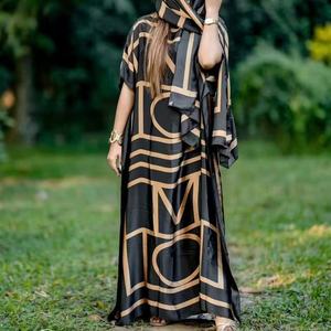 Vestido largo musulmán estilo africano con estampado de manga corta para mujer, Abaya, vestidos de Oriente Medio, Kaftan - Product Image 1