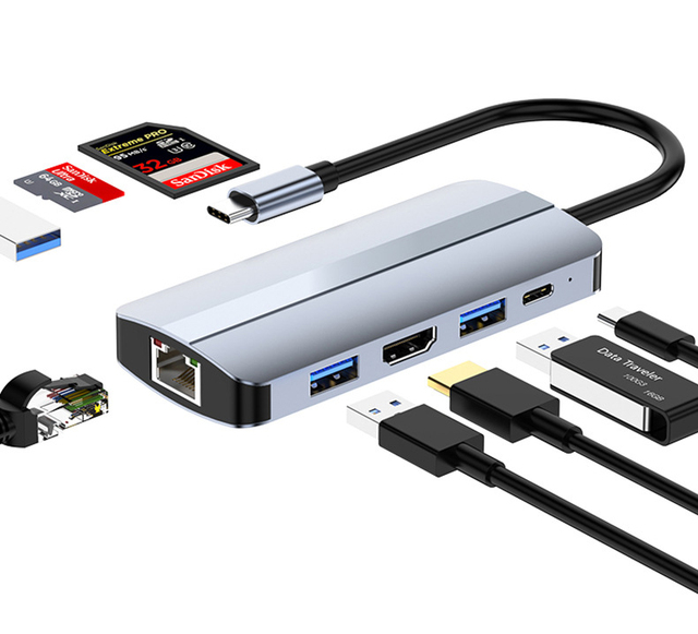 8 In1 Hub USB3.0+USB2.0*2+HDTV+USB-C PD+100mpbs Rj45+TF SD Usb Hub 3.0 Splitter Docking Station 8 Port Usb Data Hub