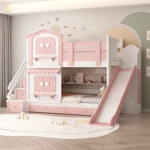 Letto a Castello Multifunzionale Minimalista in Legno Massello per Bambini con Scivolo, a Due Piani, Alto e <span class=keywords><strong>Basso</strong></span>, Castello Rosa a Forma di Albero per Madre e Figlia - Product Image 5