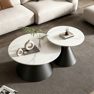 Ensemble de tables basses gigognes rondes minimalistes noires avec plateau en marbre et piédestal conique, style luxe léger, pour salon et hôtel - Product Image 3