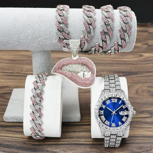Ensemble de montres hip-hop pour hommes avec pendentif en forme de lèvre rose parure de bijoux Iced Out Watch coffret cadeau Cuban Link Chain reloj - Product Image 3