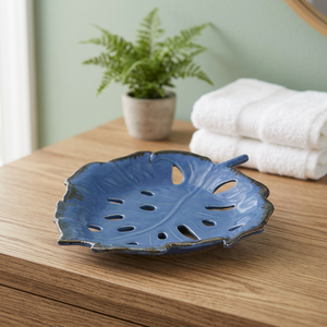 Set de table en céramique fait main motif feuille, design bleu marine moderne, réutilisable, lavable, durable, décoratif, facile à utiliser, décoration de table 400mm - Product Image 1