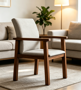 Fauteuil scandinave moderne en bois avec revêtement crème pour salle à manger - Product Image 4