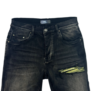 Premium Black Denim Jeans, Slim Fit, Yellow Paisley PU Lined Ripped, Heavy Washed, High Street Fashion Casual <strong>Pants</strong> for Men - Product Image 4
