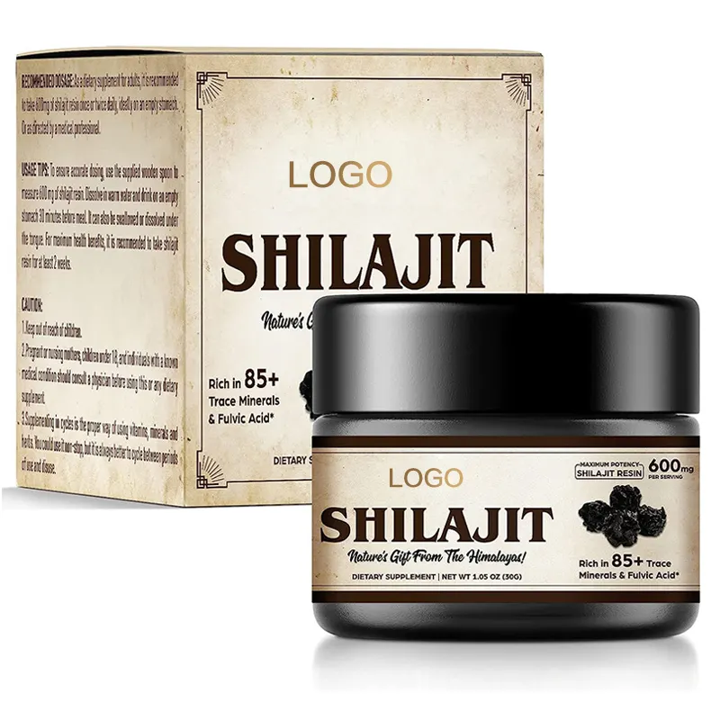 Shilajit tinh khiết nhựa nhãn Del Himalaya tinh khiết Himalaya ban đầu có nguồn gốc lọ thủy tinh với Ashwagandha