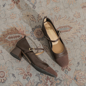Zapatos de Tacón Alto para Mujer, de Cuero Genuino Marrón, Estilo Mary Jane, Punta Cuadrada, Tacón de Bloque, Correa con Hebilla, Cómodos para Todas las Temporadas - Product Image 3