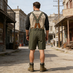 Salopette da Lavoro in Cotone con Bretelle, Stile Unisex per Coppie, Tuta a Cinque Punti Stile Amekachi, Pantaloni Larghi, Disponibile - Product Image 2
