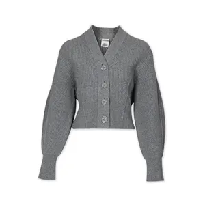 Melhor Qualidade Hot Marketing Rib V Neck Puff Sleeve Knit Curto Cardigan Sweater para Mulheres