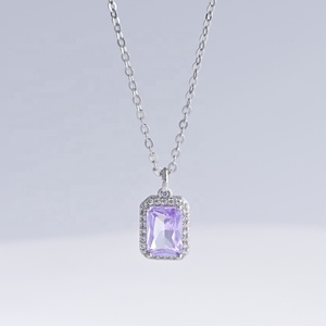 Collar de plata de ley 925 personalizado con circonita cúbica morada en forma de corazón, estilo delicado para mujer, ideal para novias, con circonita tallada en forma de rosa. - Product Image 3