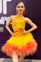 Robe de danse latine Vennystyle 14+-franges dégradées en plumes et pétales, spandex/coton, costume de compétition sur mesure pour les examens