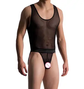 Benutzer definierte schwarze transparente Mesh-Material erotische Note kombiniert breit gestreiften Bund Sexi Körper Tanga Unterwäsche für den Menschen