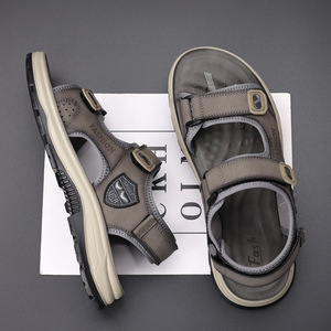 Men's Flat <b>Sandals</b> Gray Khaki Velcro Closure Breathable Non-slip Soft Sole Outdoor Casual Beach Shoes Adult Size 40-45 - Product Image 4