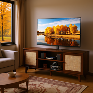 Mueble de TV estilo boho DB Wholesale de 66 pulgadas, de nogal y ratán, con puerta, toma de corriente integrada y almacenamiento para televisores de hasta 75 pulgadas, para la sala de estar. - Product Image 2