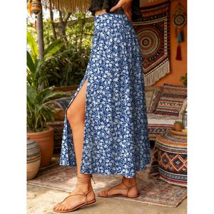 FOXA Women's Maxi <b>Skirt</b> A-Line <b>Elastic</b> Waist Floral Print Long Casual Side Slit Beach Vacation Summer <b>Skirt</b> - Product Image 3