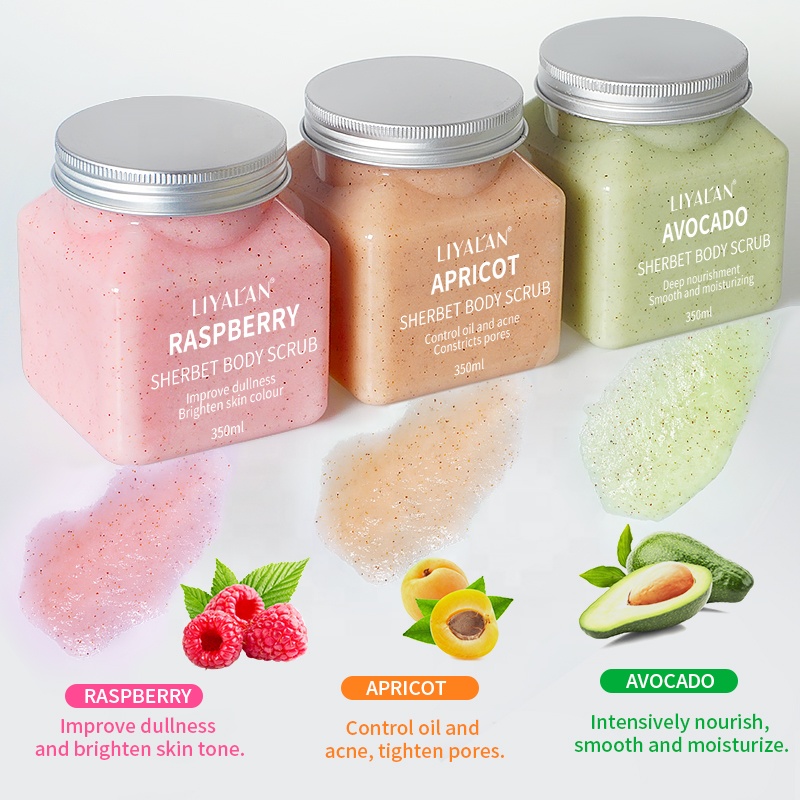 Grosir Label pribadi Scrub wajah dan tubuh pengelupasan kulit alpukat Raspberry aprikot buah organik