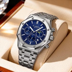Reloj de Cuarzo para Hombre Jlanda, Correa de Acero Inoxidable Octogonal, Esfera Azul, Cronógrafo, Fase Lunar, Fecha, Resistente al Agua, Estilo Ejecutivo - Product Image 1