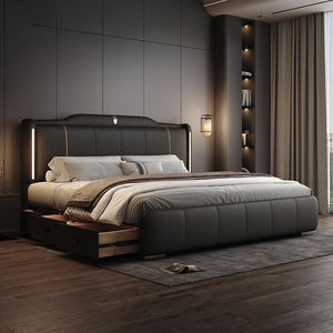 מסגרת מיטה מפוארת ומודרנית בגודל קינג סייז, רכה, מעור, עשויה מעץ מלא, מיטת קווין עם אחסון לריהוט חדר שינה, מיטת מלון עם תאורה - Product Image 3