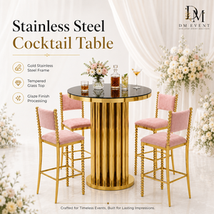Table de cocktail en acier inoxydable DM EVENT avec cadre doré et plateau en verre trempé pour événements hôteliers - Product Image 1