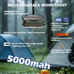 Projecteur solaire rechargeable, lampe de camping LED portable, lampe torche magnétique étanche, lampe de travail COB pour garage de voiture - Product Image 2