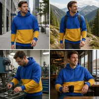 Sweat à capuche unisexe hiver bicolore bleu roi et jaune, double couche, avec cordon de serrage, poche kangourou et poignets côtelés bleus