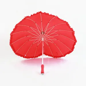 Red Parasol Wedding 16 Ribs 23 Inch Manual Straight Aluminium Girls Love Heart Shape Umbrella With Lace