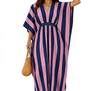Striped Collared Neck Knee-Length Loungewear <b>Dress</b> for Women Soft Loose Fit Summer Casual Wear <b>Elastic</b> Waist Crepe Anti-Wrinkle - Product Image 2