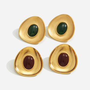 Stud <b>Earrings</b> 18K Gold Stainless Steel <b>Red</b> Inlaid Geometric Concave Design For Fashion Jewelry - Product Image 1