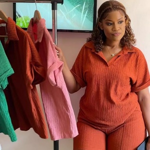 African Women's XL Size 2-Piece Casual Summer Set Solid Color Logo Woven Spandex Material Short Sleeved Top - Product Image 4