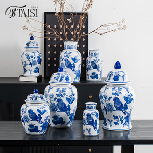 Pot de gingembre en <span class=keywords><strong>porcelaine</strong></span> bleu et blanc décoratif oiseaux jaunes pots de stockage en céramique Vase chinois Antique pour la décoration intérieure - Product Image 2