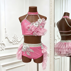 Traje de Danza Lírica Rosa con Cuello Halter, 2 Piezas, con Pedrería y Volantes, para Niñas, Danza Contemporánea, Jazz, Pole Dance - Product Image 3