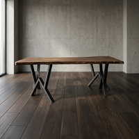 Table de salle à manger en noyer massif avec bord naturel, table de restaurant en bois avec pieds en métal, mobilier moderne pour salle à manger, 6 places