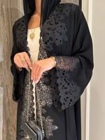 Abaya personnalisée noire à dentelle ouverte sur le devant pour femmes musulmanes, Abaya de Dubaï, vêtements islamiques, Abaya Femmes Robe Musulmane