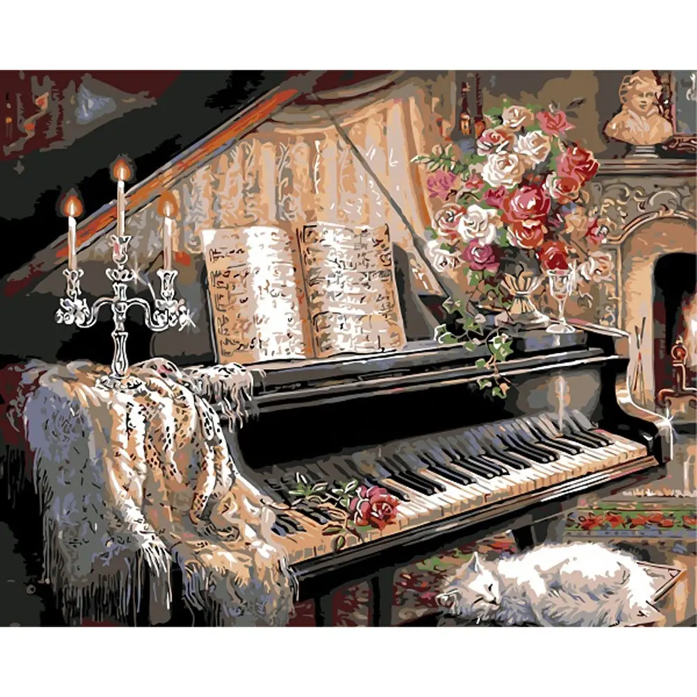 HUACAN Diy Oil Painting By Numbers Piano Ready Frame Flower Canvas Drawing Paint By Numbers Landscape For Kids Gift