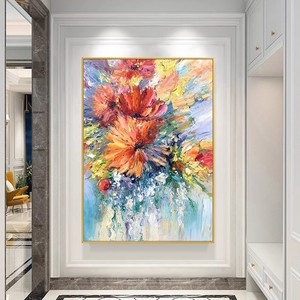 Peinture à l'huile abstraite de fleurs peinte à la main, cadre métallique, effet 3D, décoration murale pour entrée et salon - Product Image 1