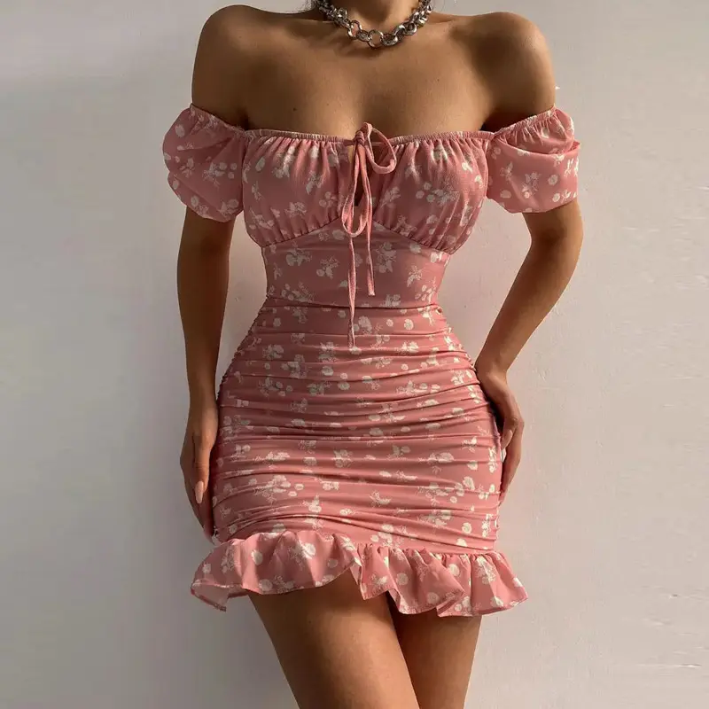 2023 Wholesale Independent Station Women's Summer New Style Strapless Lace Frilly Tube Dress Fashion New Design Slim Mini Skirt