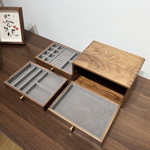 Solid Wood Jewelry <b>Box</b> Rectangle Walnut Wood Desktop <b>Storage</b> Organizer With <b>Drawers</b> For Jewelry Display And Organization - Product Image 1