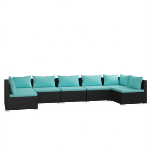 Ensemble de salon de jardin en rotin noir 6 places, mobilier d'extérieur au design contemporain, coussins bleu ciel - Product Image 1