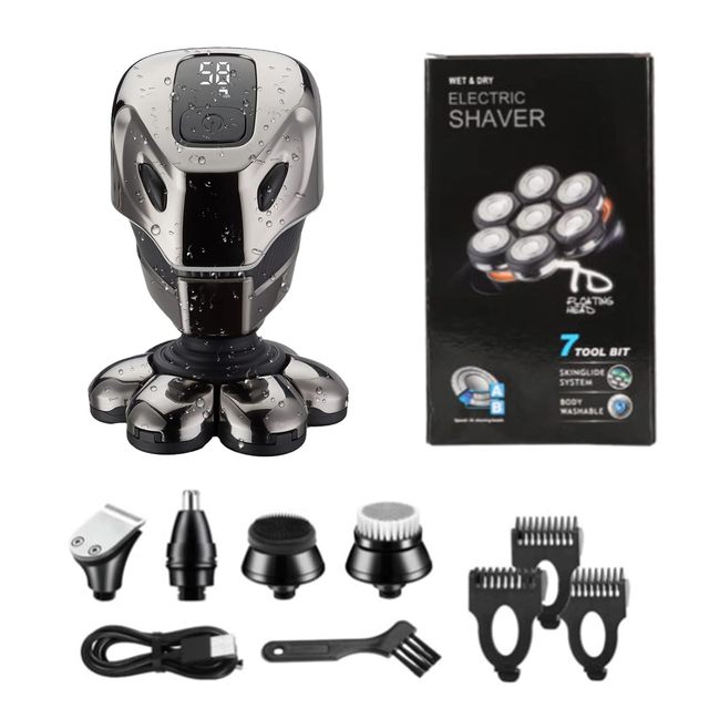 USB Charge Head Razors Bald Men LED Display IPX7 Waterproof 7D Rechargeable Rotary Electric Shaver 5 in 1 Grooming Kit