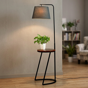 American Vintage Modern Textile Floor <b>Lamp</b> Wooden <b>Shelf</b> Black Fabric Bell Shade Touch Control LED Adjustable Height Dimmable for - Product Image 2