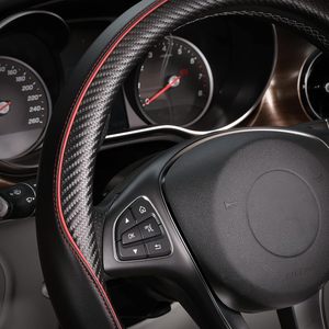 Housse de <span class=keywords><strong>volant</strong></span> de voiture 3 branches, taille universelle standard, en cuir véritable texturé fibre de carbone, coloris populaire noir et rouge - Product Image 3